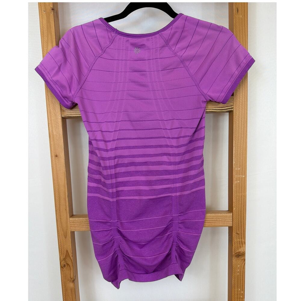 Athleta Pink Purple Striped Ruched Hem Short Sleeve Athletic Workout Top Small - Picture 3 of 4